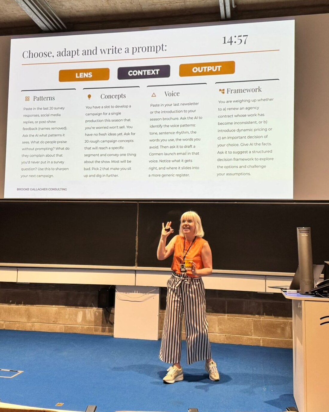 Brooke Gallagher delivering AI training at Trinity College Dublin in front of a projected slide titled ‘Choose, adapt and write a prompt’.